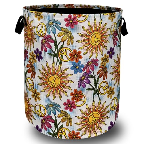 Hippie Peace Flower Laundry Basket Oxford Cloth Foldable Hamper 18.9x16.5In | Colorful Boho Floral With Handle Tote Bag Laundry Hamper Clothes Storage Bucket Toy Organizer For Bathroom/Laundry/Bedroom - color: Colorful Hippie Peace Small Flowers Floral
