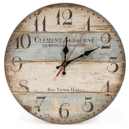 12 Inch Silent Vintage Wooden Round Wall Clock Arabic Numerals Vintage Rustic Chic Style Wooden Round Home Decor Wall Clock (Victor Hugo)