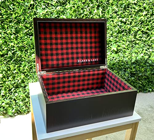 Blake & Lake Large Oak Wooden Keepsake Box - Storage Box Lined with Buffalo Plaid - Decorative Boxes for Home (Hinge Box)