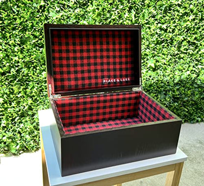 Blake & Lake Large Oak Wooden Keepsake Box - Storage Box Lined with Buffalo Plaid - Decorative Boxes for Home (Hinge Box)
