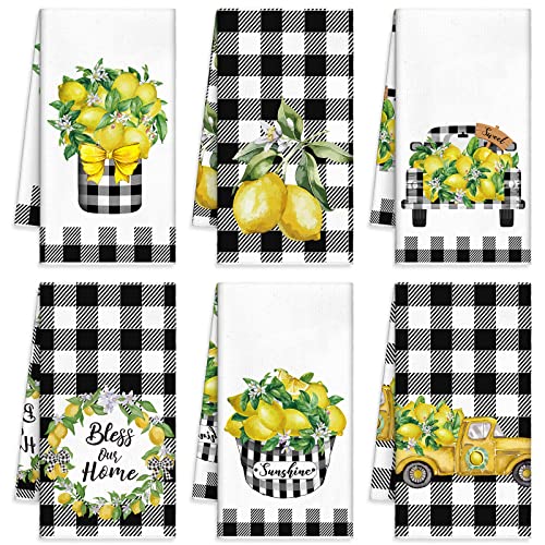 Redbaker 6 Pcs Lemon Kitchen Towels Lemonade Dish Towels with Sayings | Decorative Black White Plaid Hand Tea Dishcloths for Kitchen Decor with Hanging Loop for Housewarming Gift - style: Plaid Lemon