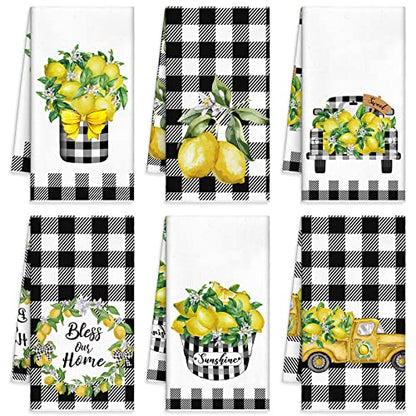 Redbaker 6 Pcs Lemon Kitchen Towels Lemonade Dish Towels with Sayings | Decorative Black White Plaid Hand Tea Dishcloths for Kitchen Decor with Hanging Loop for Housewarming Gift - style: Plaid Lemon