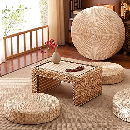 Floor Seat Cushion, 17 Inch Round Tatami Cushion Padded Sitting Cushion, Natural Straw Woven Floor Pillow Indoor Outdoor Seat Cushion, Handmade Meditation Cushion Braided Tatami Mat