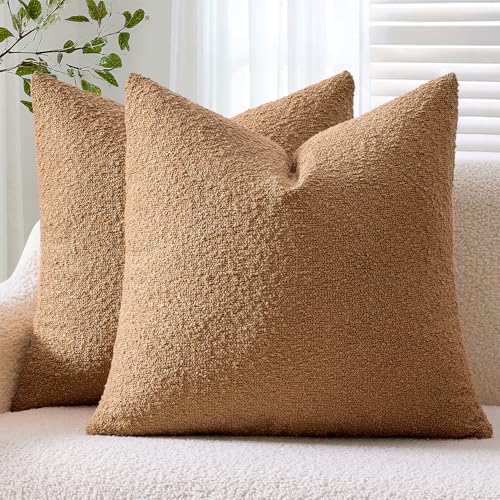 ANRODUO Pack of 2 Textured Boucle Throw Pillow Covers Soft Tobacco Brown Decorative Accent Solid Pillow Cases Cozy Modern Couch Cushion Case for Chair Sofa Bedroom Living Room Home Decor, 20 x 20 Inch - color: Tobacco Brown, size: 20" x 20" (Pack of 2)