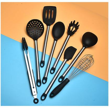 9-Piece Silicone Cooking Utensils Set with Holder, Heat Resistant Kitchen Utensils Set of Slotted Spatula, Spoons, Whisk, Tong, Non Toxic Black Kitchen Tool Set for Nonstick Cookware, Black