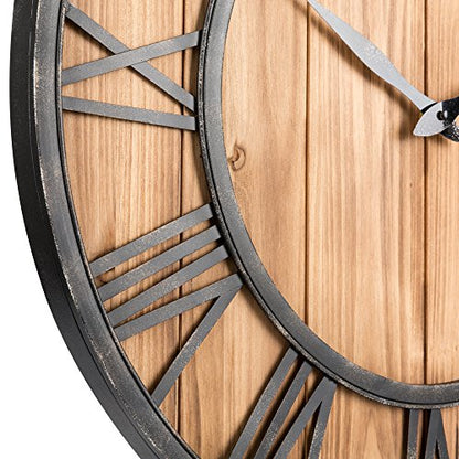 Oldtown Farmhouse Metal & Solid Wood Noiseless Wall Clock (Wood, 24-inch) - color: Wood, size: 24-inch