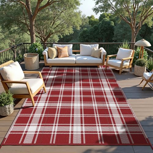 GENIMO Outdoor Rug, Waterproof Plastic Rugs for Patio, 10'x14' Red Plaid | Outside Larger Modern Carpet Mat for Patio Decor, RV, Porch, Camper, Deck, Picnic, Beach, Backyard, Reversible, Foldable - color: Red Plaid, size: 10' x 14' (Rectangular)