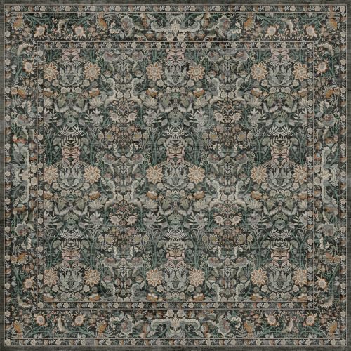Vintage Botanical 3x3 Square Rug: Floral Carpet Non-Slip - Dark Green | Classic Dark Tone Pattern Fits Compact Living Spaces - Washable, Stain Resistant, Low Pile for Entryway Pet Friendly - color: Dark Green, size: 3' x 3' (Square)