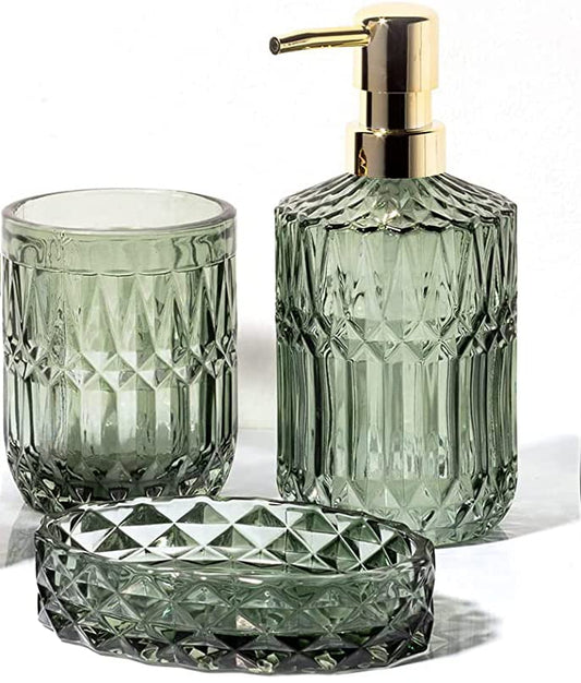 EMPO Bathroom Glass Accessories Set (Lotion Soap Dispenser, Soap Dish, Toothbrush Holder, Tumbler, Cotton Swab Jar) Contemporary Modern Decor Crystal Clear Vintage Gift (3pcs Green) - style: 3pcs Green