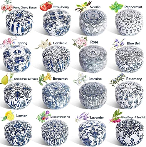 Set of 16 Small Scented Candles Gifts,Blue and White Aroma Naturals Candles,2.5 OZ Soy Wax Travel Tin Jar Candles,Appropriate Gifts for Mom,Christmas, Birthday, Thanksgiving,Christmas Celebrations. - color: Blue