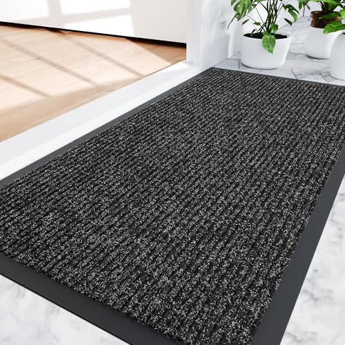 Amyracel 3'x5' Front Door Mat Indoor Outdoor Entrance Heavy Duty Waterproof | Commercial Floor Mat, Non Slip Natural Rubber Doormat, Fade Resistant, Low Profile, Easy Clean for Entryway, Patio, Garage - color: Black Double Stripe, size: 5' x 3' (Rectangul
