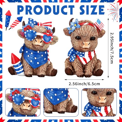 Wesiti 2 Pcs 4th of July Highland Cow Figurines Decor | Patriotic Gnomes Scottish Resin Statue, Calf Lovers Gifts, for 250th Anniversary, Home Garden Kitchen Office Table - style: Independence Day