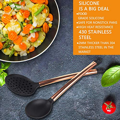 MIBOTE Silicone Cooking Kitchen Utensils Set, Wooden Handle, Coffee | BPA-Free, Non-Toxic Silicone Turner, Tongs, Spatula, Spoon Set – Great for Nonstick Cookware, Heat-Resistant, Easy Clean - color: 1-Copper