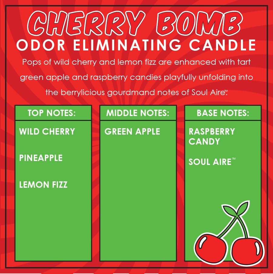 Cherry Bomb Odor Eliminating Highly Fragranced Candle - Eliminates 95% of Pet, Smoke, Food, and Other Smells Quickly - Up to 80 Hour Burn time - 12 Ounce Premium Soy Blend - color: Cherry Bomb