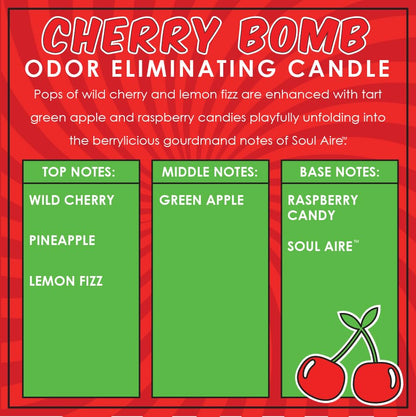 Cherry Bomb Odor Eliminating Highly Fragranced Candle - Eliminates 95% of Pet, Smoke, Food, and Other Smells Quickly - Up to 80 Hour Burn time - 12 Ounce Premium Soy Blend - color: Cherry Bomb