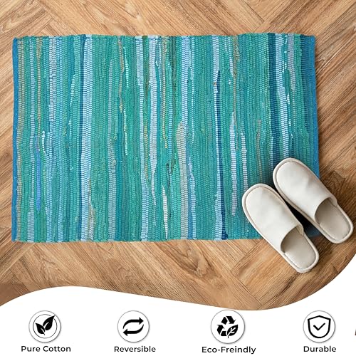 Ramanta Home Hand Woven Cotton Chindi Rag Rug 2'x3' - Teal | Recycled Reversible Rug, Boho Farmhouse - Living Room, Kitchen, Entryway- 24"x36" - color: Teal, size: 2 x 3 feet