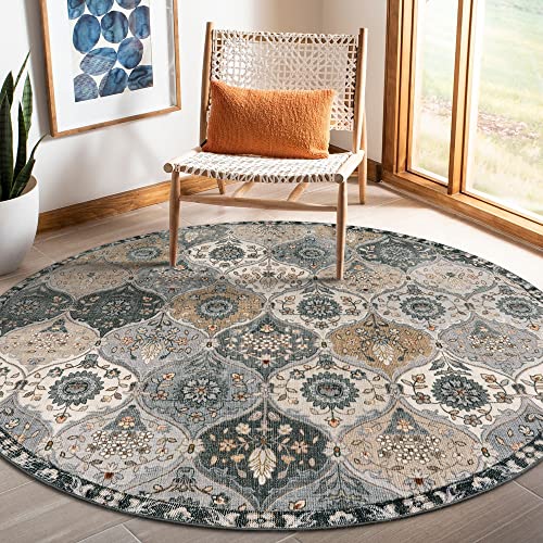 Lahome Moroccan Washable Round Area Rug, Soft Vintage Circle Round Rugs 6ft | Dining Room Bedroom Ultra-Thin Non-Slip Distress Large Circle Carpet for Living Room Nursery Elise, Grey - color: Dusty Grey Beige, size: 6' (Round)