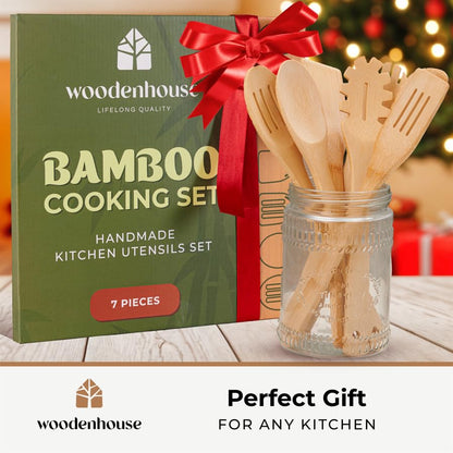 Wooden Utensil Set, Bamboo Utensils – 7 PCs Wood Spoons for Cooking | Lightweight, Easy to Clean, Sturdy & Heat Resistant – Food-Safe, Multipurpose for Stirring & Serving - size: 7 Pieces