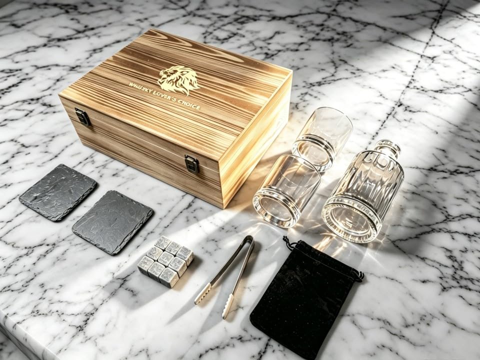 Whiskey Decanter Set 500ml(17oz), Lead-Free Crystal with 2 Glasses, Flat Panel for Custom Labels, Granite Chilling Stones, Slate Coasters, Premium Pine Gift Box, Compact Bar Kit for Bourbon Scotch