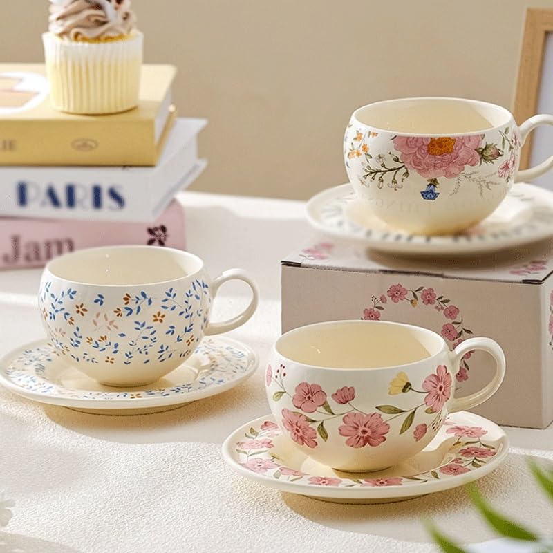 Country Plant Flower Ceramic Tea Cup Saucer Set as Afternoon Gift - color: Style1