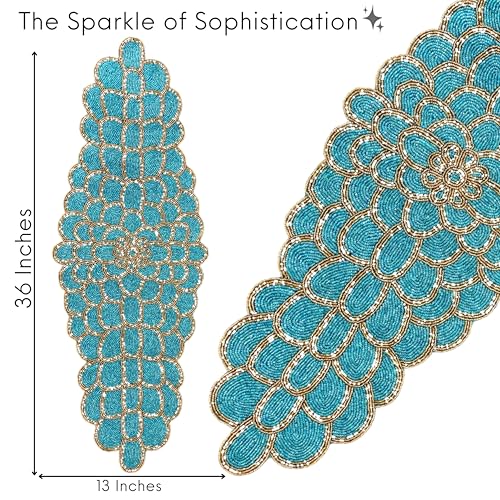 Beaded Table Runner, Blue & Gold, 13x36 | Handmade floral pattern, 85% glass beads, polyester backing, non-slip, dining/console/coffee table, weddings, holidays - color: Teal Gold, size: 36"x13"