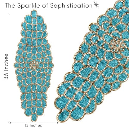 Beaded Table Runner, Blue & Gold, 13x36 | Handmade floral pattern, 85% glass beads, polyester backing, non-slip, dining/console/coffee table, weddings, holidays - color: Teal Gold, size: 36"x13"