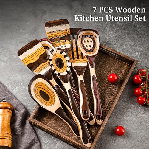 Gudamaye 7-Piece Brown Pakkawood Utensils Set – Sturdy, Eco-Friendly, Wooden Spoons for cooking, Wooden Utensil for cooking, Wooden Kitchen Tool, Home & Kitchen Gifts for Men and Women - style: Pakkawood 7 PCS Brown