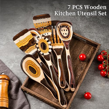 Gudamaye 7-Piece Brown Pakkawood Utensils Set – Sturdy, Eco-Friendly, Wooden Spoons for cooking, Wooden Utensil for cooking, Wooden Kitchen Tool, Home & Kitchen Gifts for Men and Women - style: Pakkawood 7 PCS Brown