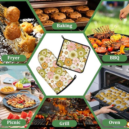 Retro 70s Style Flower Oven Mitts and Pot Holders Set 4 Pcs Extra Long Heat Resistant Gloves Potholder for Baking, BBQ, Grilling - color: Retro 70s Style Flower