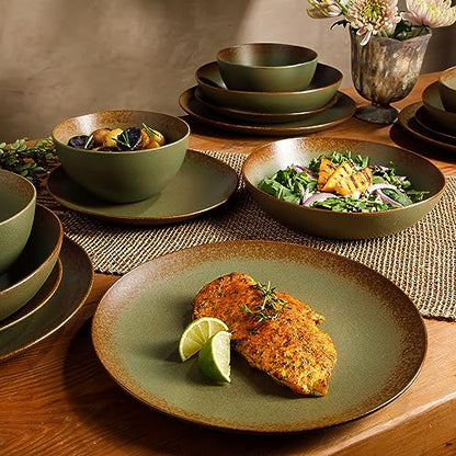 Two Time Oprah's Favorite Things Winner - Palermo Sun Double Bowl Stoneware Reactive Glaze Plates and Bowls Dinnerware Set - Cardamom Green, Service for Four (16pcs) - color: Cardamom Green