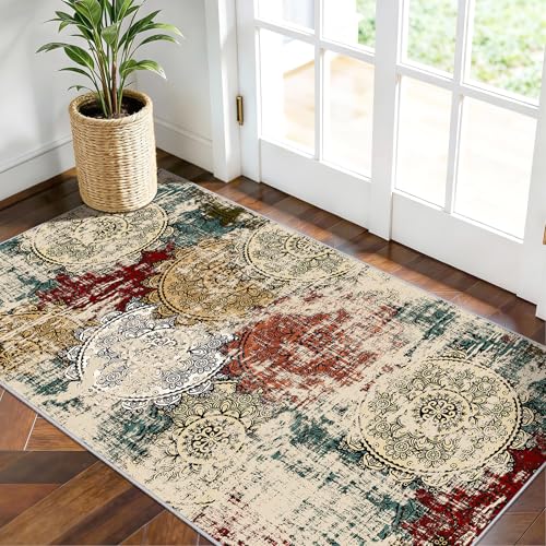 Abstract 2x4 Runner Rug Washable: Non-Slip Mandala Entryway Mat Homeowners | Red/Green Multi Modern Throw Thin Low-Pile Indoor Floor small Rugs for Kitchen Bedroom Laundry Room Newlyweds Home Decor - color: Red/Green/Multi, size: 2' x 4' (Rectangular)
