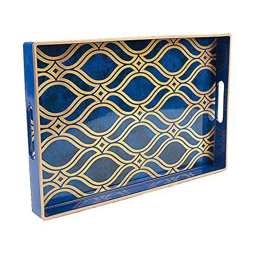 Blue Decorative Tray with Handles, Plastic Serving Tray for Coffee Table, Marbling Rectangular Trays for Ottoman, Bathroom, Storage, 15.7" Lx 10.2" W X 1.57" H - color: Rectangular - Blue, size: 15.7" x 10.2" x 1.6"
