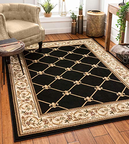 Patrician Trellis Black French European Formal Traditional (5'3" x 7'3") Area Rug Stain Fade Resistant Shed Free Modern Contemporary Floral Transitional Thick Soft Plush Living Dining Room Rug - color: Black, size: 5'3" x 7'3" (Rectangular)