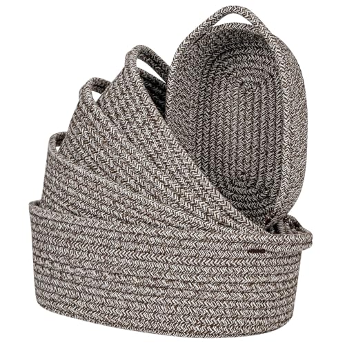 CubesLand Small Storage Basket Cotton Rope Organizer Baskets for Shelves | Set of 5 Decorative Closet Storage Bins with Handle for Countertop, Toilet Paper Basket for Toilet Tank Top, Mixed Brown - color: Mixed Brown