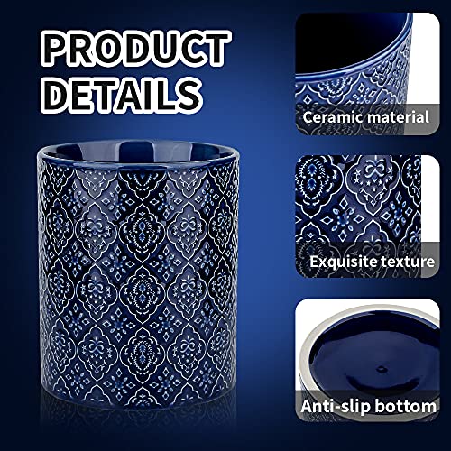 KOOV Kitchen Utensil Holder, Large Utensil Holders for Countertop, 6 x 7 Inches Ceramic Utensil Crock, Deep and Stable, Cooking Utensil Holder, Embossed Pattern (BLue) - color: BLue