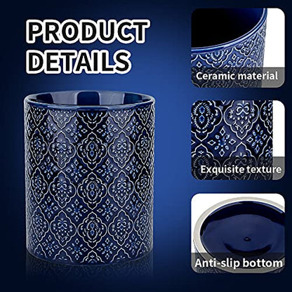 KOOV Kitchen Utensil Holder, Large Utensil Holders for Countertop, 6 x 7 Inches Ceramic Utensil Crock, Deep and Stable, Cooking Utensil Holder, Embossed Pattern (BLue) - color: BLue