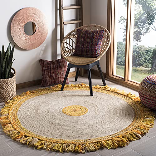 SAFAVIEH Cape Cod Collection Area Rug - 3' Round, Gold & Natural, Handmade Boho Fringe Jute & Cotton, Ideal for High Traffic Areas in Living Room, Bedroom (CAP212D)