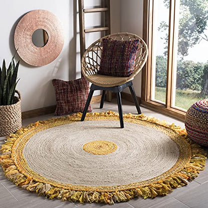 SAFAVIEH Cape Cod Collection Area Rug - 3' Round, Gold & Natural, Handmade Boho Fringe Jute & Cotton, Ideal for High Traffic Areas in Living Room, Bedroom (CAP212D)