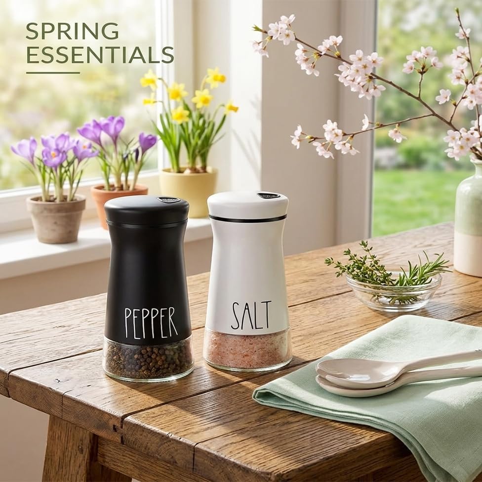 Farmhouse Salt and Pepper Shakers with Adjustable Pour Holes, Refillable Salt Shaker by Aelga, Ideal for Himalayan, Kosher, Black and White Pepper - color: Black/White