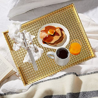 HofferRuffer Rectangle Serving Tray with Hole Handles for Coffee Table, Breakfast, Tea, Food, Butler - Countertop, Kitchen, Vanity Serve Tray, 16.2 x 12.2 x 2 inches, Faux Leather (Gold) - color: Gold