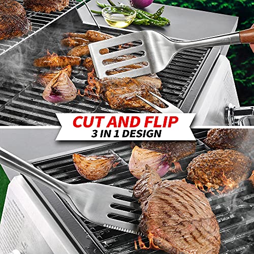 GRILAZ Heavy-Duty Rose Wooden BBQ Grilling Tools Set. Extra Thick Stainless Steel Multi-Function Spatula, Fork & Tongs | Essential Accessories for Barbecue & Grill. Ideal Gift for Father…