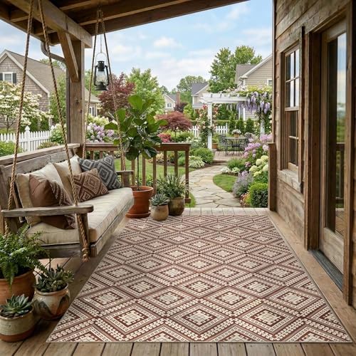 jinchan 5x7 Faux Jute Area Rug Washable Tile-Inspired Rug, Terracotta Brown | Vintage Geometric, Non-Slip, Low Pile, Indoor Outdoor, Natural Fiber Look, Living Room, Dining Room, Backyard, Bedroom, Patio - color: Terracotta Brown, size: 5' x 7' (Rectangul