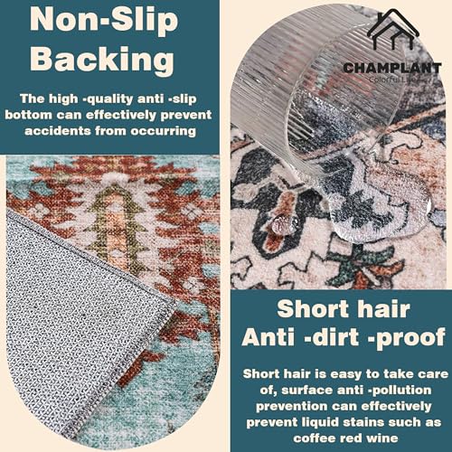 CHAMPLANT Washable Area Rug 9'x12' Cyan Khaki Retro Flowers Boho Design Non-Shedding Easy Care Ideal for High Traffic Areas in Living Room Bedroom Office Coffee Table Kitchen Large Carpet - color: Cyan Khaki, size: 9' x 12' (Rectangular)