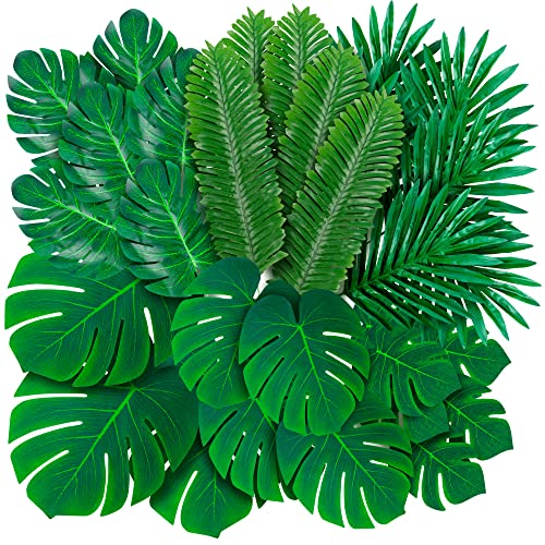108 Pack Palm Leaves Artificial Tropical Monstera - 6 Kinds Large Small Green Fake Palm Leaf with Stems for Safari Jungle Hawaiian Luau Party Table Decoration Wedding Birthday Theme Party Decorations - style: 108 Pack