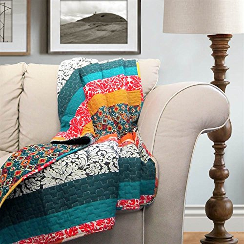 Lush Decor Boho Stripe Reversible Cotton Throw Blanket, 50" W x 60" L, Turquoise & Tangerine - Striped Throw Blankets for Bed - Couch Blanket - Boho Throw Blanket for Couch