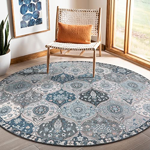 Lahome Moroccan Trellis Round Rug, 5ft, Blue, Faux Wool, Machine Wash, Non-Slip Backing, Low Pile, Floral Pattern, Area Rug for Bedroom, Living Room, Bathroom | Ultra-Thin Small Boho Circle Carpet for Entryway Kitchen Bedroom Nursery Bathroom Vionnet, Blu
