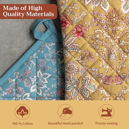 Maison d' Hermine 100% Cotton Oven Mitt & Pot Holder Set (7.5"x13" & 8"x8") | Heat Resistant BBQ Cooking Gloves with Loop Baking Grilling Kitchen Hotel Home Farmhouse Spring Summer - Marquise - color: 001 - Marquise, size: 7.5" x 13" & 8" x 8" (Oven Mitt