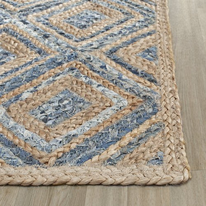 SAFAVIEH Cape Cod Collection 4' Round Natural/Blue CAP354A Handmade Flatweave Boho Coastal Diamond Braided Premium Jute & Denim Entryway Foyer Living Room Bedroom Kitchen Area Rug - color: Natural/Blue, size: 4' (Round)