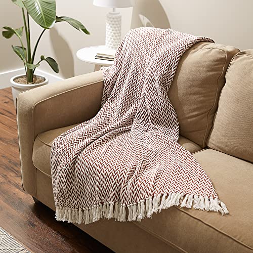 DII Modern Zig Zag Throw Blanket Woven Cotton, Hand-Knotted 2.5" Fringe, 50x60, Cinnamon - color: Cinnamon, size: 50x60"