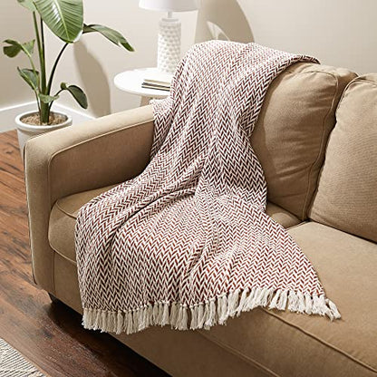DII Modern Zig Zag Throw Blanket Woven Cotton, Hand-Knotted 2.5" Fringe, 50x60, Cinnamon - color: Cinnamon, size: 50x60"